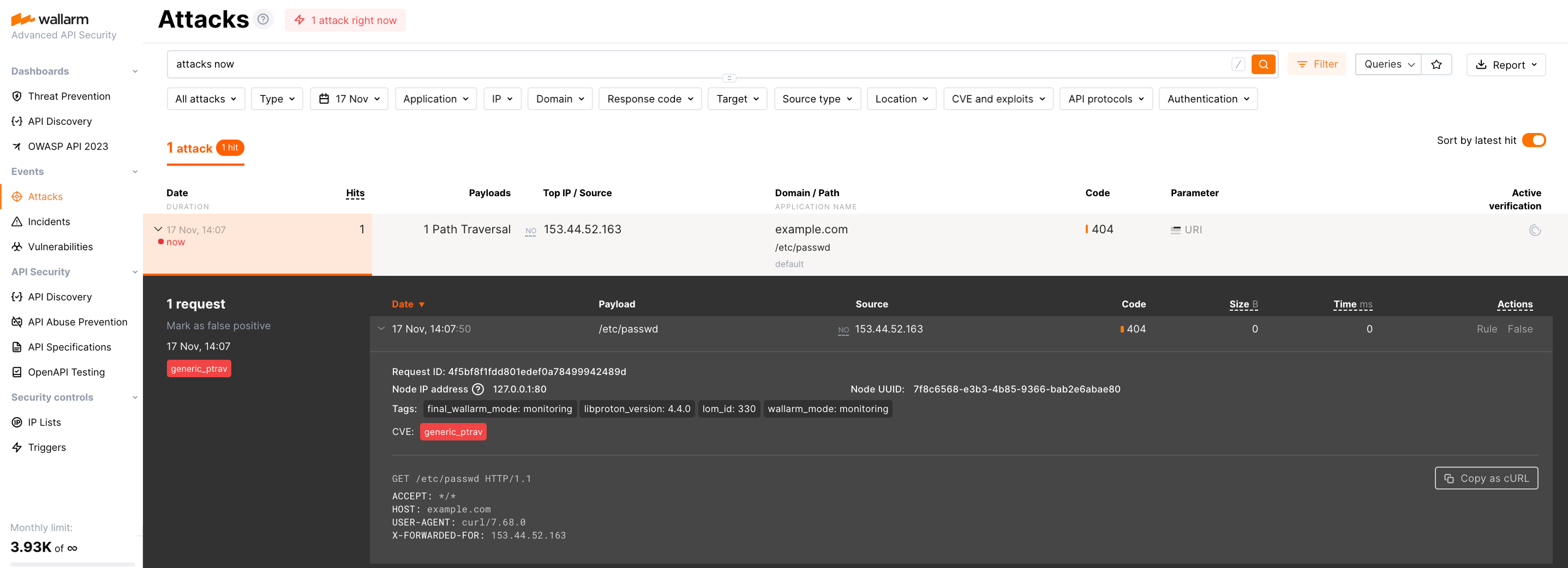 The «Events» tab on the Wallarm web interface