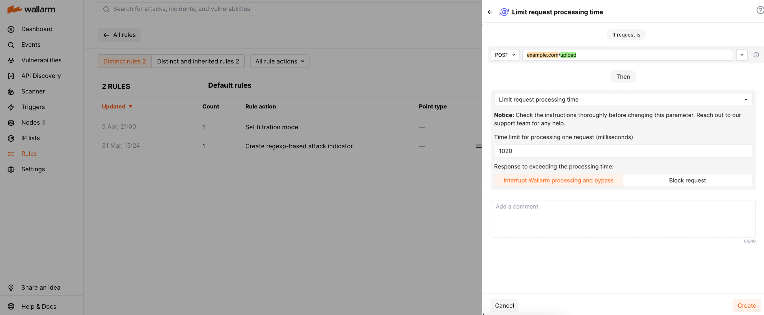 The "Register and display in the events" rule example