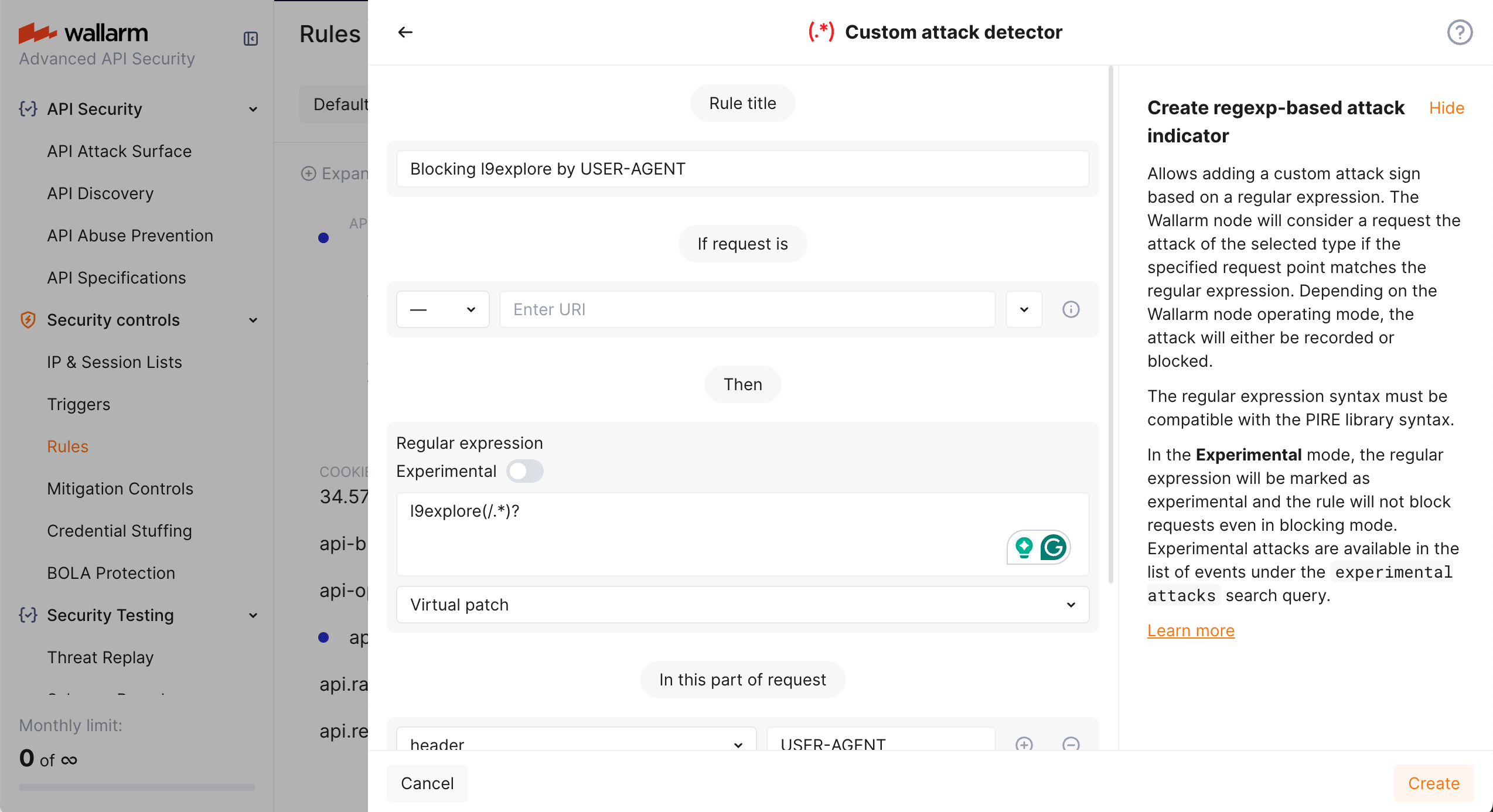 Virtual patch for USER-AGENT header