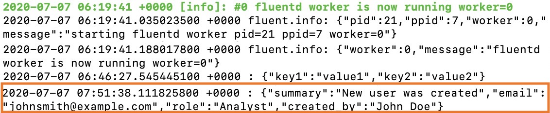 Log about new user in QRadar from Fluentd
