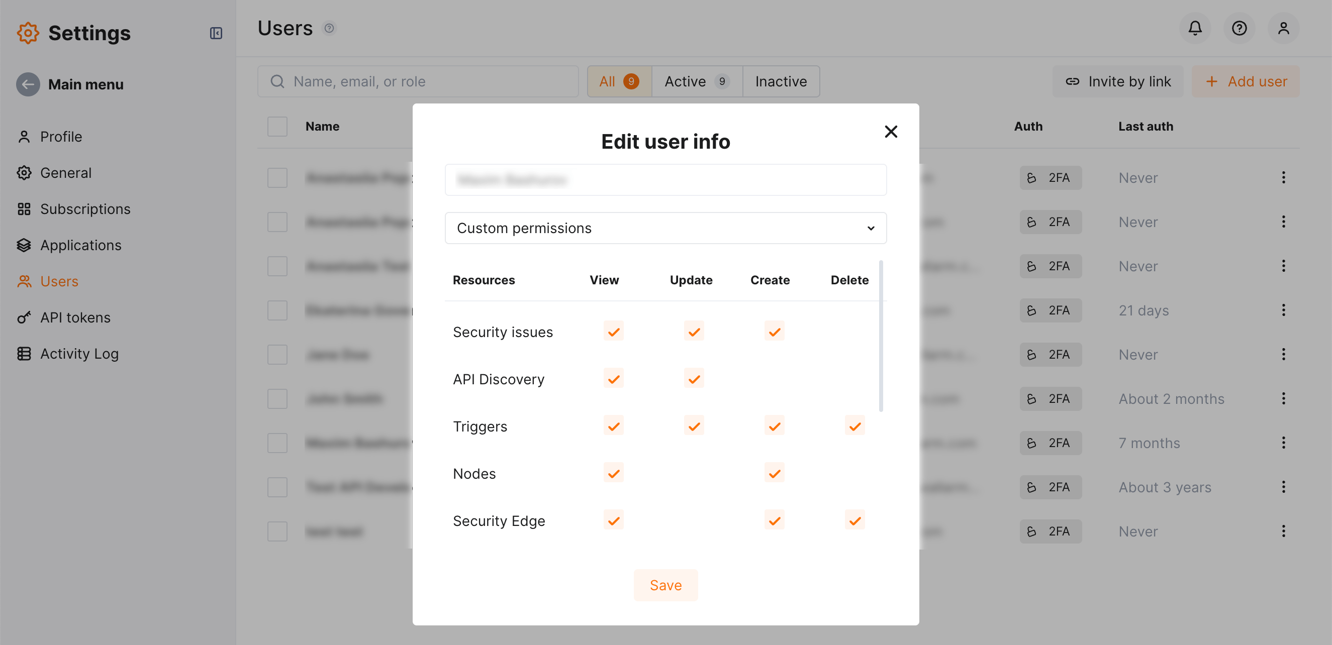 User - custom permissions