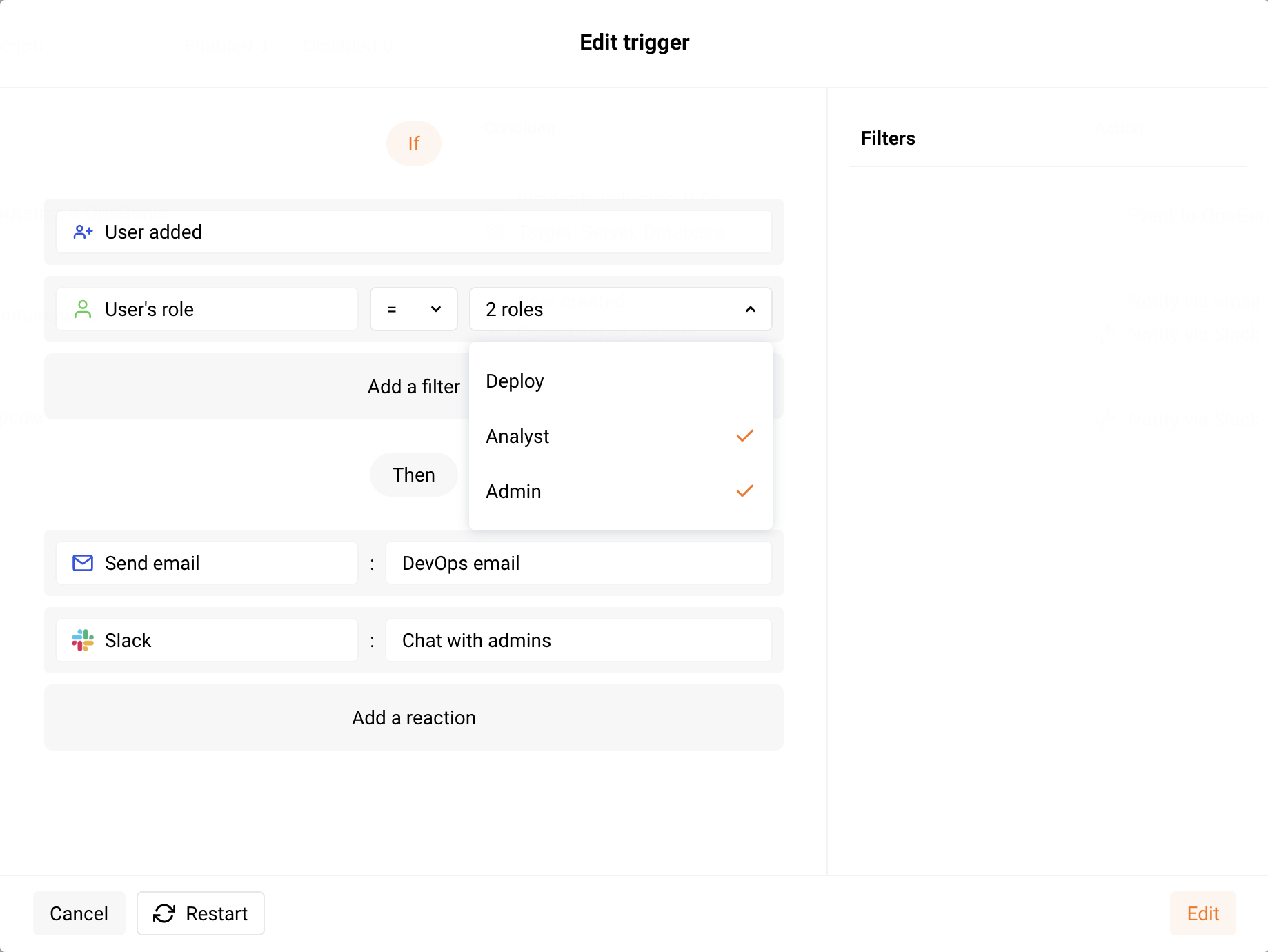 Example of a trigger sending the notification to Slack and by email