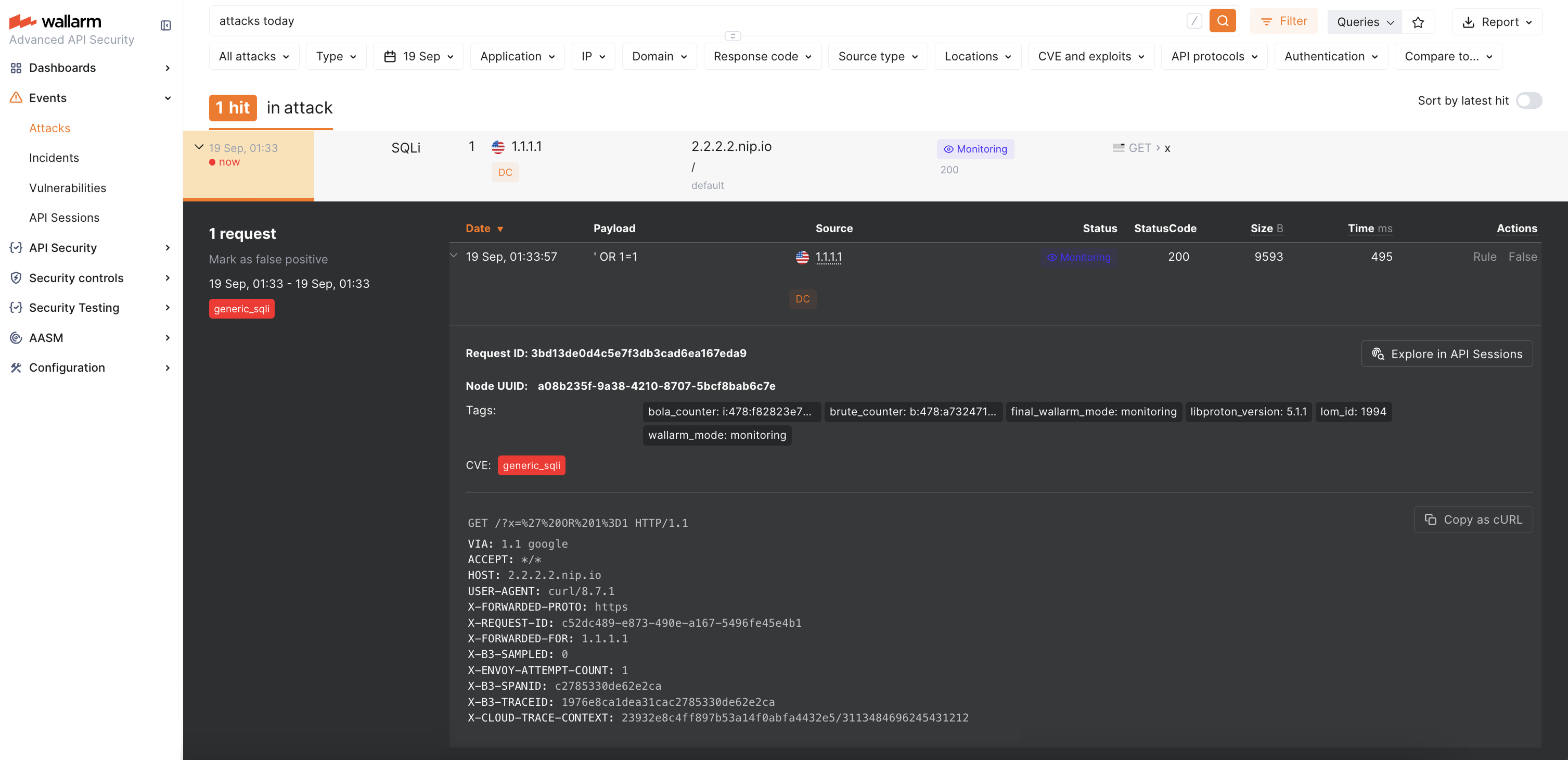 SQLi attacks in the interface (Apigee APIM connector for Wallarm)
