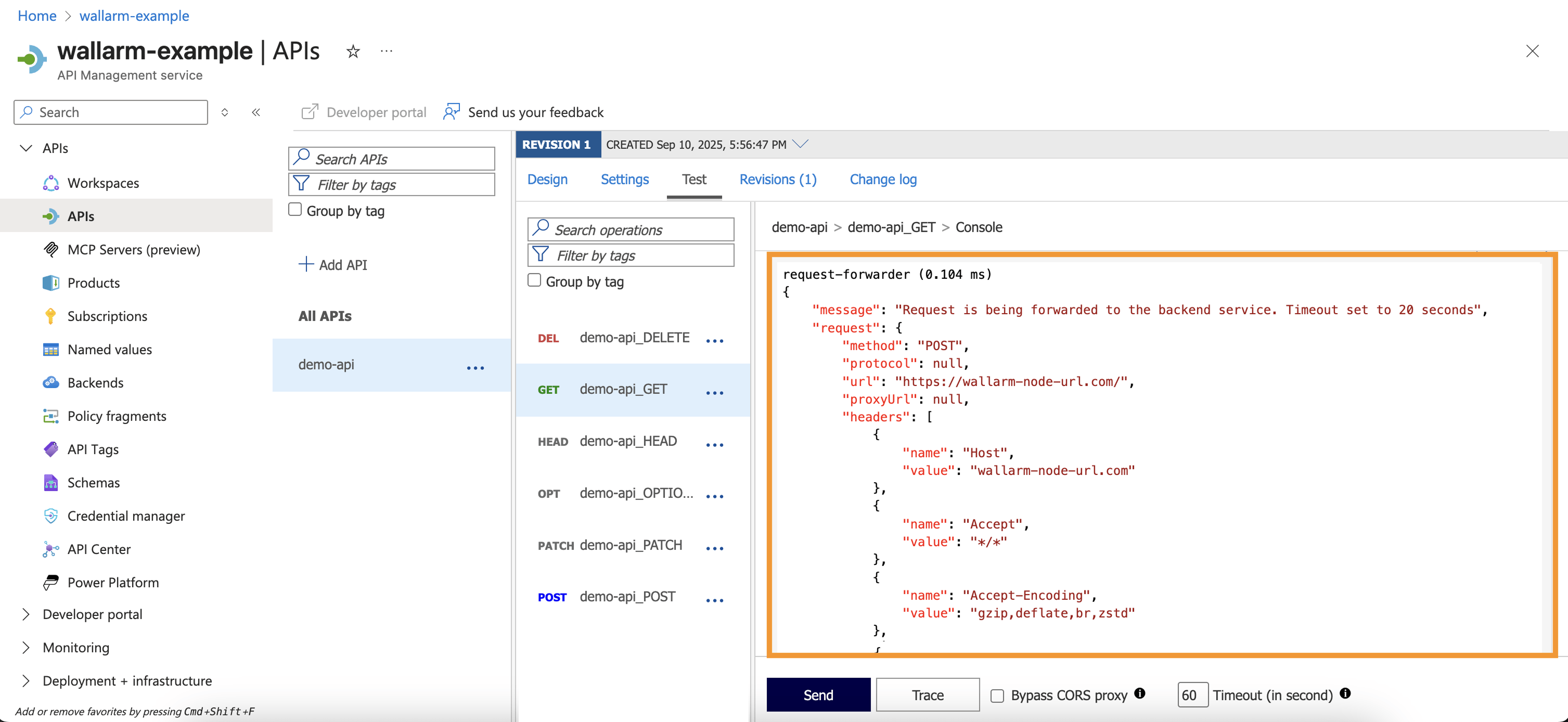 Azure APIM Trace legitimate request - view log on request forwarded to Wallarm Node